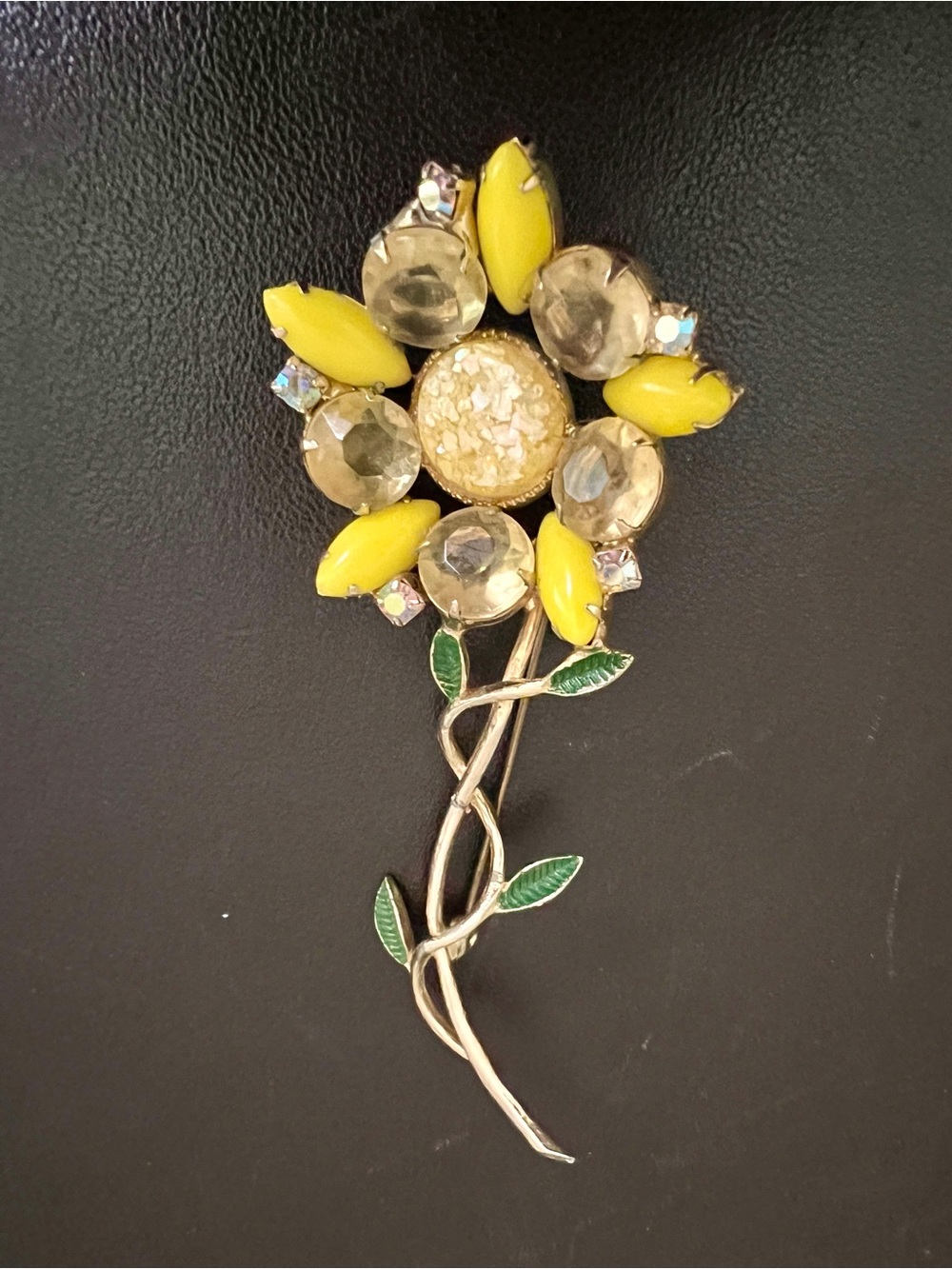 Vintage Large Gold Tone Yellow Lucite and Rhinestone Prong Set Flower Brooch